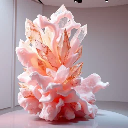 Ultra-detailed surreal biomorphic 3D gallery sculpture of flowing organic forms crystallizing into rose quartz and champagne diamond structures, soft pink and warm golden tones, silky translucent membranes, elegant museum installation lighting, cinematic composition, Octane render, 8k, luxury fine art aesthetic