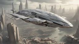 a photorealistic sleek silver spaceship flying over a futuristic ruined city