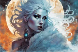 create a highly detailed high fantasy portrait illustration of a sensual sorceress clothed in hoarfrost, amidst a swirling blizzard on the eve of Samhain under the watch of a baleful moon in the graphic novel style of Bill Sienkiewicz, with highly detailed facial features and clothing, otherworldly and ethereal