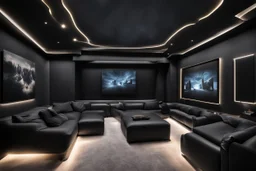 a black themed dedicated home cinema room with LED ambient lighting in the walls make sure the room is completely symmetrical