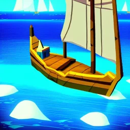 Small wooden ship, Legend Of Zelda: Wind Waker style, on a vast ocean, stylized, colorful, adventurous, no ships nor islands.