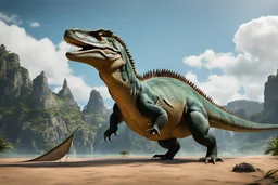 Huge lizard with a spinosaur like sail on its back, two horns on its head, and stands upright like a t.rex in 8k