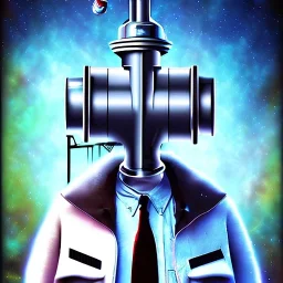 mad scientist on roof, cell tower, movie poster,spray paint art