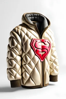 Superman's Balenciaga jacket Winter elegant inspired by Superman's emblem design beige tones with dual color on a white background, product catalog photography, soft spot lighting, depth of field, 4k –ar 3:5 –q 2