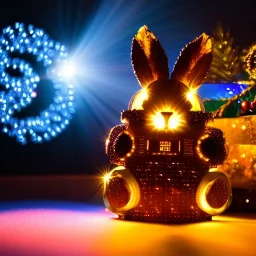 a cyber robot bunny, cute furry, dramatic lighting, xmas background, highly detailed, imax 4k