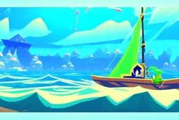 Legend Of Zelda: Wind Waker style view of a vast ocean, stylized, colorful, adventurous.