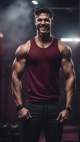 Hyper Realistic handsome muscular man in maroon-patterened-black-tank-top giving ATTRACTIVE-SMILE in a dark gym full of maroon-fog at night showing dramatic & cinematic ambiance