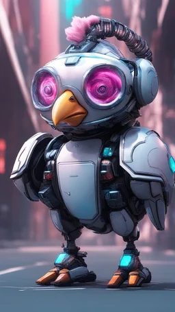 CHICKEN robot made of cotton candy, sci-fi, cyberpunk, full body, ultra realistic, virtual reality, cyberpunk city and colors