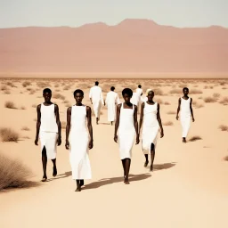 modern minimal photo ,In the style of William Klein, extremely thin and malnourished black African people wearing white collar dress in an arid desert landscape, color photography captured in the style of dslr camera. --ar 62:85 --v 6. 0