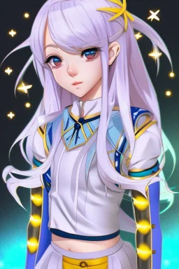 The girl should be a young and energetic anime character, with light-colored hair (such as blonde or silver) styled in a playful way. She should have bright and expressive eyes, maybe with a hint of mischief or curiosity. Her outfit can be inspired by the colors and symbols of the Gemini zodiac sign, with a mix of blue, yellow, and white, and some dualistic motifs such as two butterflies, birds, or stars.