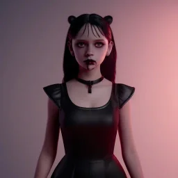 Female Jenna ortega black dress,soft goth libstick, wednesday addams make up, dramatic lighting, highly detailed, volumetric lighting, unreal engine, 8k