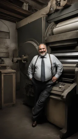 full figure shot photography of an italian smiling strong massive big chubby 50 year old man in opened gray suit, manly chest, unbuttoned shirt, short beard, shirtless, printer in an old printing house, next to a huge old printer, dim light, side light, ambient occlusion