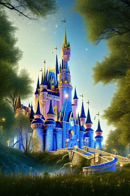 cinderella castle stand on a hill, forest, night, 8k resolution, high-quality, fine-detail, intricate, fantasy art, detailed matte, volumetric lighting, illustration, 3D