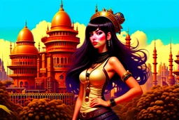 exotic sci-fi steampunk pin-up girl, with long dark hair with bangs, on an alien planet with cloud trees, tall spires, buildings, bridges, arches, photorealistic