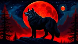 A_lone_wolf_silhouetted_against_a_blood-red_moon_howls_at_the_starry_sky, its fur bristling and its eyes reflecting the celestial fire. Capture the raw power and primal beauty of this moment in a masterpiece superstition oil painting style. (Nature, evocative,)
