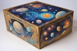 a box for storing things with beautiful drawings a lot of colours, very detailed, angels, minerals, planets space, galaxies, pyramids on a planet