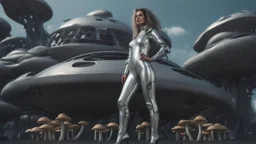 three-quarter view of a woman in a silver robotic catsuit standing in a futuristic derelict city with mushrooms with tentacles floating in the sky