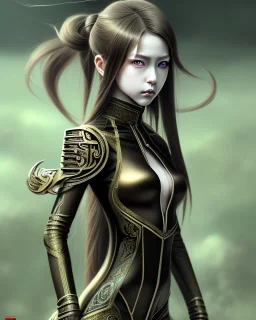 Detailed anime Kunoichi girl, long brown hair, green eyes, black latex bodysuit, intricate detail, portrait, keep head in frame, smile, black Japanese motif, concept art, highly detailed, digital painting, concept art, sharp focus, illustration, art by Yoji Shinkawa, WLOP and greg rutkowski and alphonse mucha and artgerm and yanjun Chen and Junji ito and Makoto Shinkai, HDR, octane render