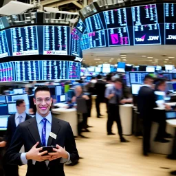 photo of a model posing and smiling on the dow jones trading floor with bankers busy working in the background, balenciaga, photorealistic, colourful, high contrast, dow jones, trading floor, fashion photography, high resolution, 8k, hard light, gen z, wide angle lens