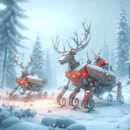 reindeer robots hauling sled with fat robot santa and presents in snowy misty forest, 8k, down-light, soft light, depth of field, photo realism, trending on art station, high detail