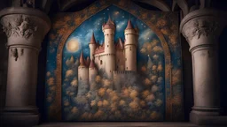 dream world, medieval castle interior, magnificent, coloured pictorial tapestries, coat of arms, calm beauty, fantasy world, magic, night, darkness, starlight, splendor, uplifting, inspiring, therapeutic, chiaroscuro, color, award-winning colour photograph, beautiful composition, exquisite detail, Nikon 55mm