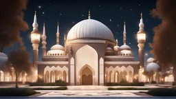 Hyper Realistic outside Beautiful-Grand-Brown-Decorated-Mosque with white-marble-fences & Beautiful-Lightings-Decorations at night with stars on sky & beautiful trees