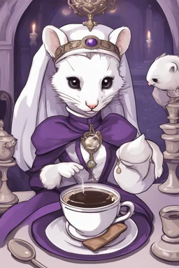 (anthropomorphic white ferret girl),dressed in cleric black and purple clothes with silver holy ornaments, realistic anatomy, fantasy tavern on background, mage and holy symbols around, serious face, hold cup of coffe, tired