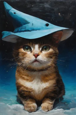 cat with shark mask hat solana abstract surrealism in the style of eileen aigar