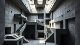 A stark, brutalist interior space constructed entirely of concrete. The composition is a complex interplay of geometric forms, with sharp angles and flat surfaces dominating the scene. Multiple levels and platforms are interconnected by staircases and walkways, creating a labyrinthine effect. Skylights and openings in the ceiling cast dramatic shafts of light and shadow, emphasizing the texture and monolithic nature of the concrete. Several doorways, recessed into the walls, lead to dark, undefi