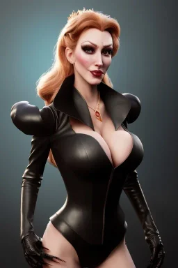 Brandi Love as evil queen in black leather, leather, busty, cleavage, angry, stern look. character design by cory loftis, fenghua zhong, ryohei hase, ismail inceoglu and ruan jia. unreal engine 5, artistic lighting, highly detailed, photorealistic, fantasy