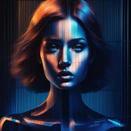 Her silhouette against a backdrop of intersecting black bars, in a mix of airbrush and digital art, bronze and navy blue, neon grids of holographic glass, echoing Taras Loboda, elegant beauty, geometric grid