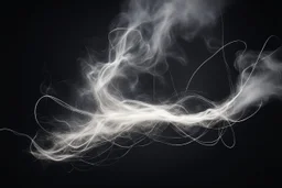 dark background. from the bottom right is a billowing white smoke spiraling into smaller strings across the composition, electricity and a spray of metal sparks. energetic motion effect.