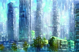 Futuristic buildings near tree zone, cyberpunk influence, impressionism painting