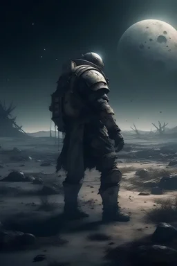 huge soldier in a middle of a battlefield with a broken moon, cinematic
