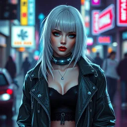 a cyberpunk woman in streetwear, elegant and ethereal, pale hair, secretly robotic, digital art