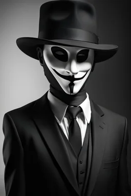 A member from anonymous with the original famous anonymous mask on and with a black fedora hat and a fine black and white suit standing, Anonymously. with a black backround and the man staring into the camera.