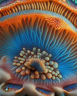 A close-up of a colorful, exotic mushroom, revealing the intricate gill structure and the delicate textures of the cap.