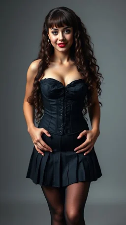 top quality, full body shot, standing, hands on hips, long tight curly hair with bangs, fair skin, dark sultry eye, red lips, slender, short pleated skirt, corset, stockings, soft lighting, diffused, smiling expression.