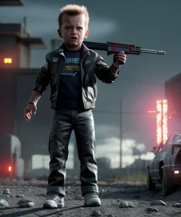 The Terminator toddler, shotgun, full body, dramatic lighting, angry, hyper realistic