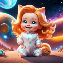 (masterpiece, best quality, 8k, RAW photo, beautiful and aesthetic:1.2), complex detail, Indirect light, photorealistic, (((full body))), Cosmic Boss Baby style smiling, long curved clear hair , with a ginger cat companion, colorfull Sci-Fi environment