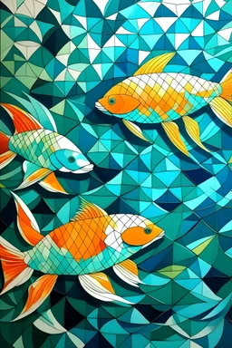 Create handpainted wall mural mural geometric koi fish shapes swimming in harmony. Use vibrant koi orange, calming blue, and water green to bring a touch of serenity and movement to your space."