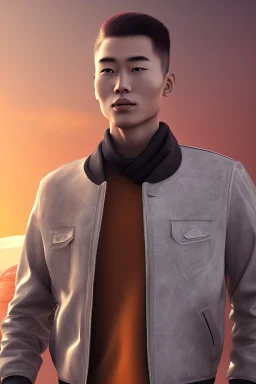 Clean cut asian man in a leather jacket on a strange planet looking at the sunset