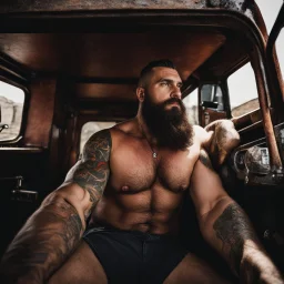 photography of a burly truck beefy driver at rest in truck, inside cab, shirtless, sweaty, massive with tattoos and short beard, Romanian, muscular, male chest, big tights, frontal view, seen from below