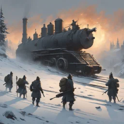 Jakub Rozalski's Historical Fantasy: In a snowy landscape, a massive, steam-powered automaton bears down on a group of soldiers, its gears and pistons lit by the eerie glow of dawn.