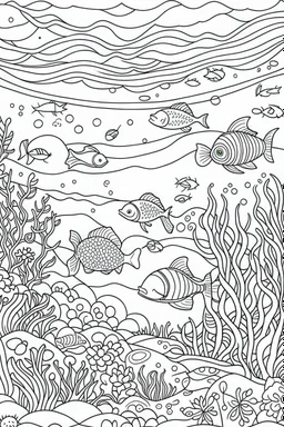 A cute, serene underwater scene with gentle sea creatures coloring page for kids, PROMPT GENERATED BY CHATGPT WITHOUT ANY PUNCTUATION, cartoon style, thick outline, LOW details, no shading, NO color