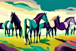 illustration horses of different colors in a field from afar