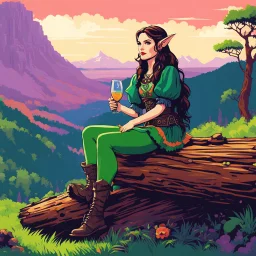 [psychedelic pixel illustration by Jannell Jaquays with Verve colour palette] youthful Winona Ryder as an elf in dusty armour drinking Miruvor in a carved goblet, she sits on a log on a hill, in front of a wonderful landcsape, she is bold and has no inhibition