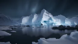 antarctica at night,glaciers,lakeside,8k, volumetric lighting, Dramatic scene,