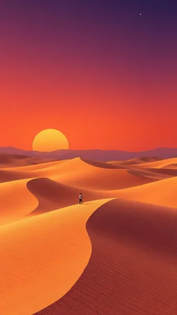 Mysteries of the Desert Mobile Wallpaper. Sand dunes, hyper realistic, 3D illustration, sunset orange, twilight purple, stillness, waxing crescent, stars peeking, oasis mirage, solitude, dusk's warmth, sandy texture, depth, desert fortress, arid elegance, layered paper, artful, serene night, minimalism, eastern