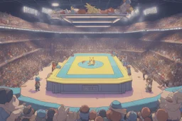 a Pokémon wrestling stadium with many lights and a big crowd, cell shading